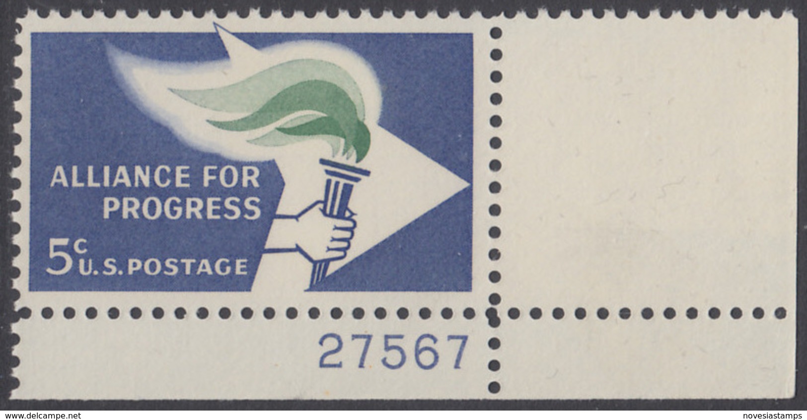 !a! USA Sc# 1234 MNH SINGLE From Lower Right Corner W/ Plate-# 27567 - Alliance For Progress - Neufs