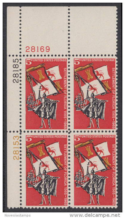 !a! USA Sc# 1271 MNH PLATEBLOCK (UL/28185) Gum Damaged - Florida Settlement - Nuovi