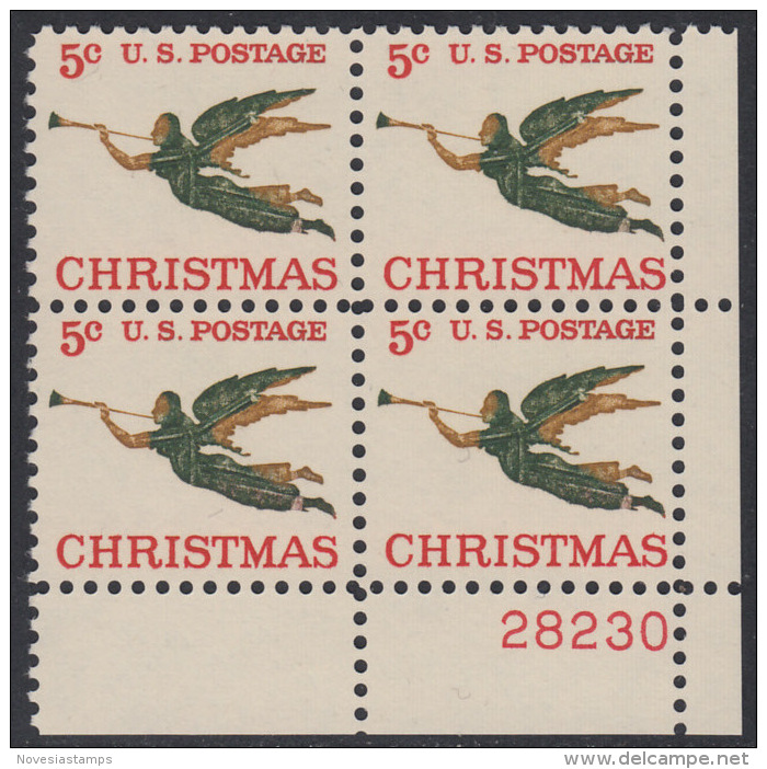 !a! USA Sc# 1276 MNH PLATEBLOCK (LR/28230/a) - Christmas: Angel With Trumpet - Nuovi