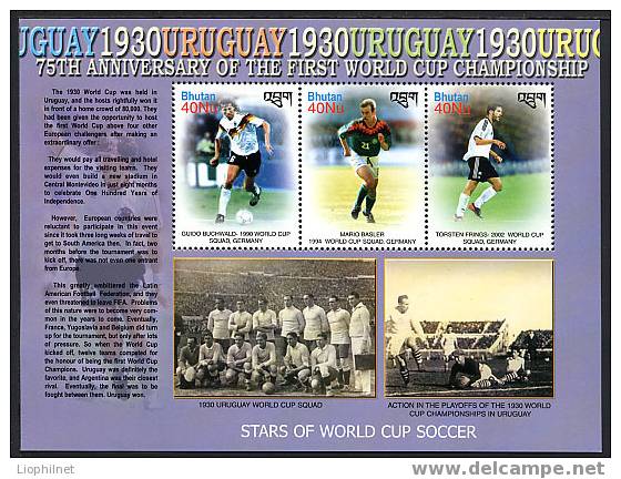 BHOUTAN 2005, FOOTBALL, 75e Anniversaire Première Coupe Du Monde, 3 Valeurs En Feuillet. R2056 - 1930 – Uruguay