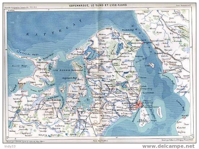 - COPENHAGUE , LE SUND ET L´ÎLE-FJORD . CARTE DU  XIXe SIECLE GRAVEE EN COULEURS - Topographische Karten