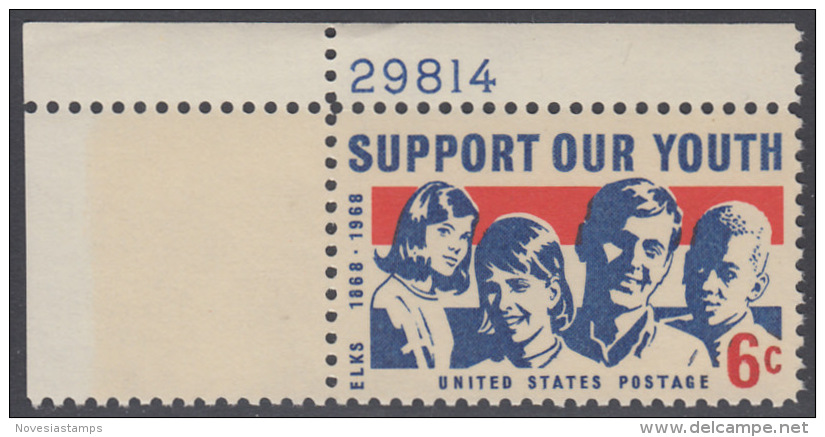 !a! USA Sc# 1342 MNH SINGLE From Upper Left Corner W/ Plate-# (UL/29814) - Support Our Youth - Elks - Unused Stamps
