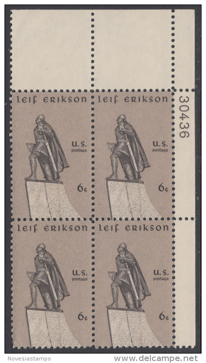 !a! USA Sc# 1359 MNH PLATEBLOCK (UR/30436) (Gum Disturbed) - Leif Erikson - Nuovi