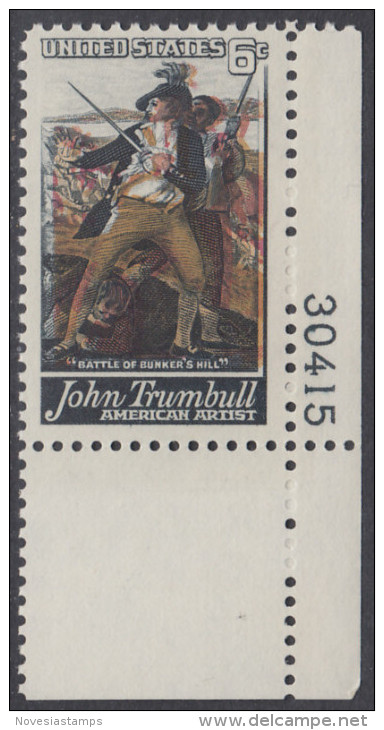 !a! USA Sc# 1361 MNH SINGLE From Lower Right Corner W/ Plate-# 30415 - John Trumbull - Unused Stamps