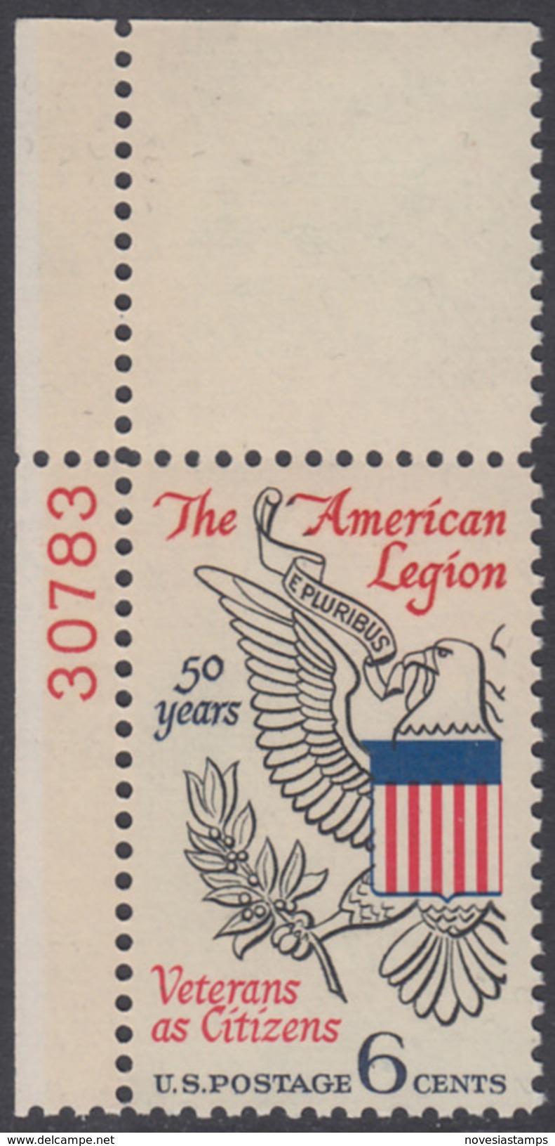 !a! USA Sc# 1369 MLH SINGLE From Upper Left Corner W/ Plate-# 30783 - American Legion; 50th Anniv. - Unused Stamps