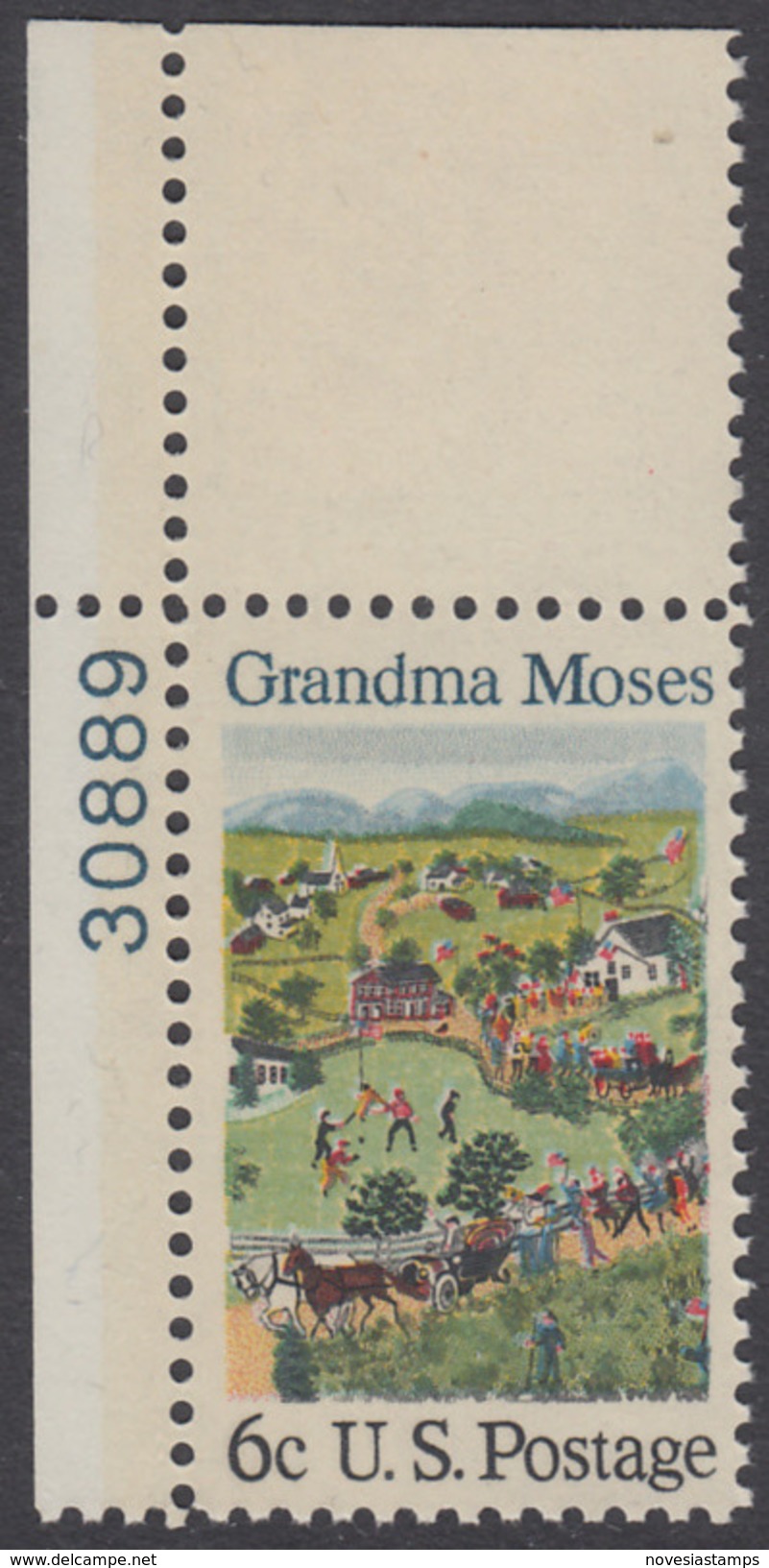 !a! USA Sc# 1370 MNH SINGLE From Upper Left Corner W/ Plate-# 30889 - American Folklore: Grandma Moses - Nuovi