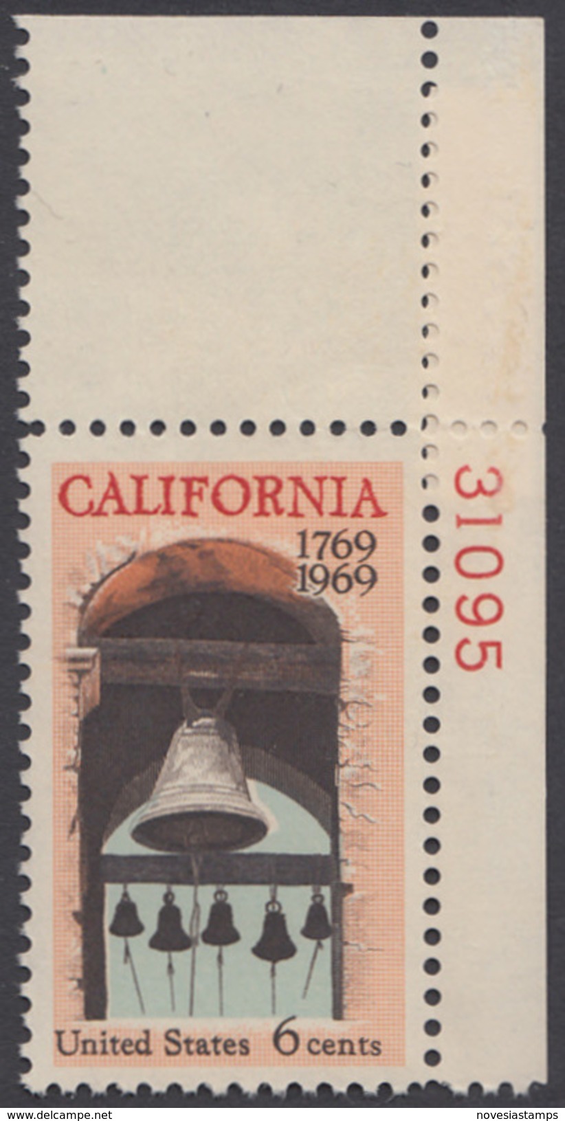 !a! USA Sc# 1373 MNH SINGLE From Upper Right Corner W/ Plate-# 31095 (Gum Damaged) - California Settlement - Nuevos