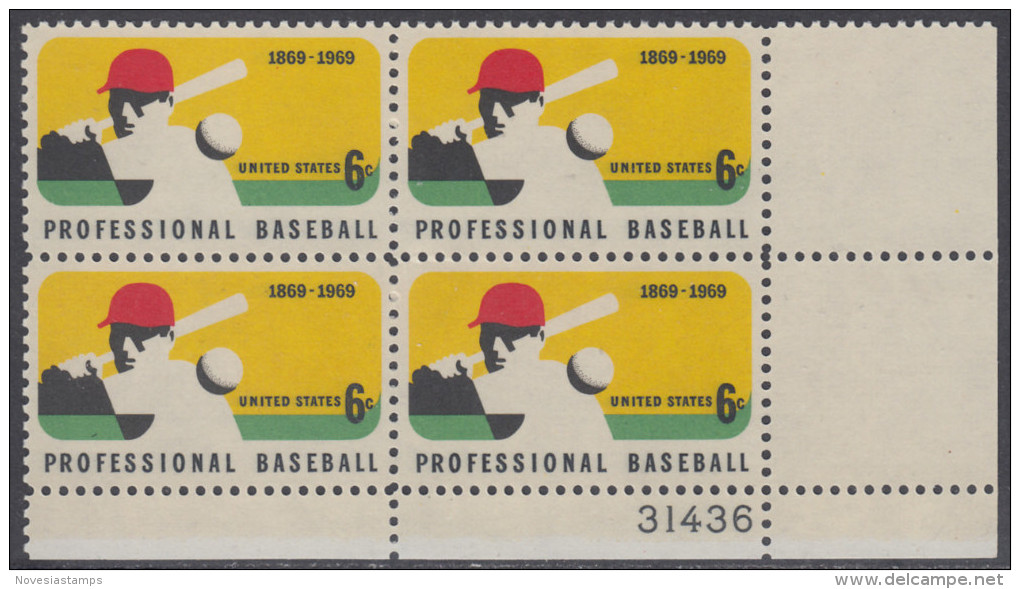 !a! USA Sc# 1381 MNH PLATEBLOCK (LR/31436) - Professional Baseball; 100th Anniv. - Unused Stamps