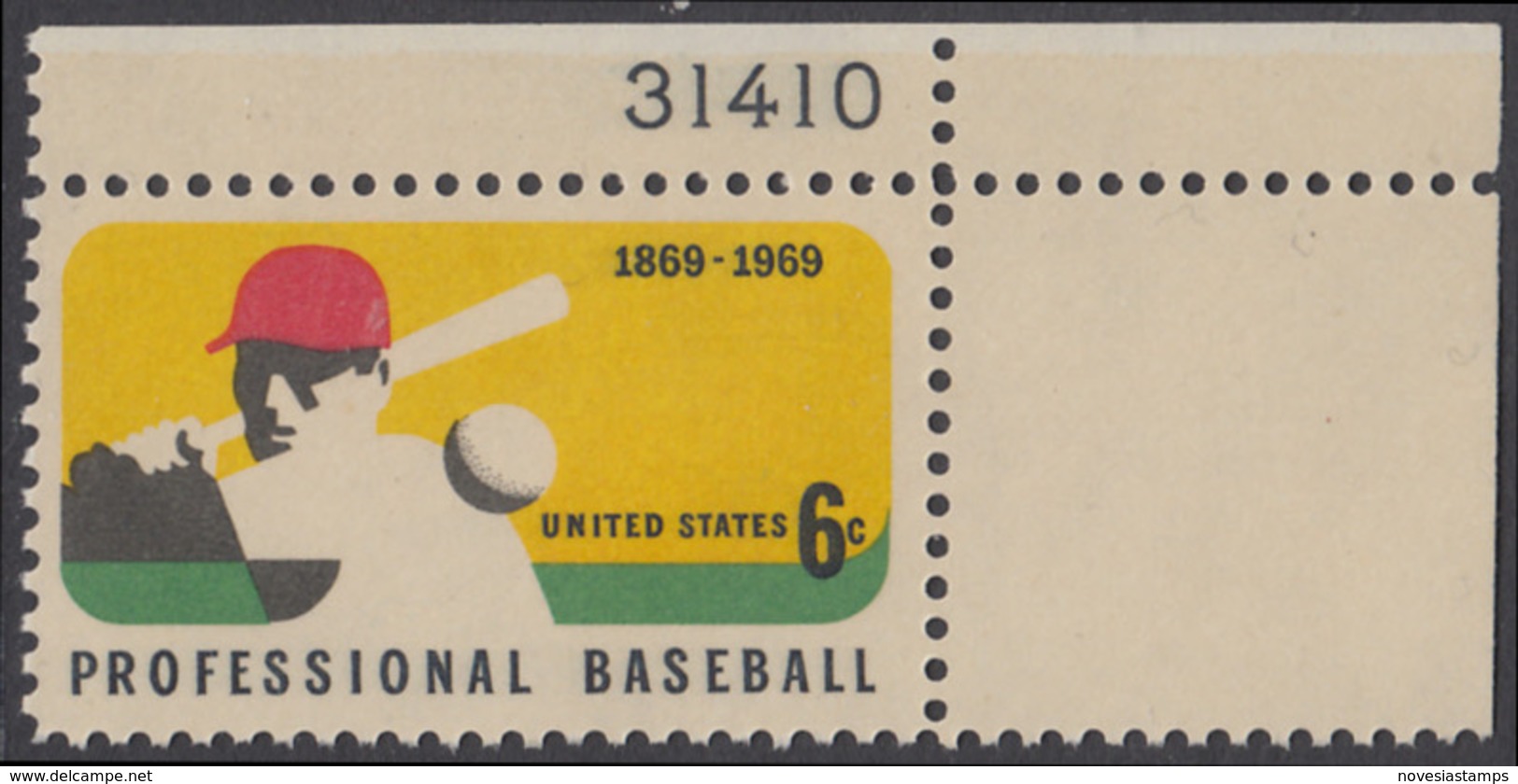 !a! USA Sc# 1381 MNH SINGLE From Upper Right Corner W/ Plate-# 31410 (Gum Damaged) - Professional Baseball; 100th Anniv. - Nuovi