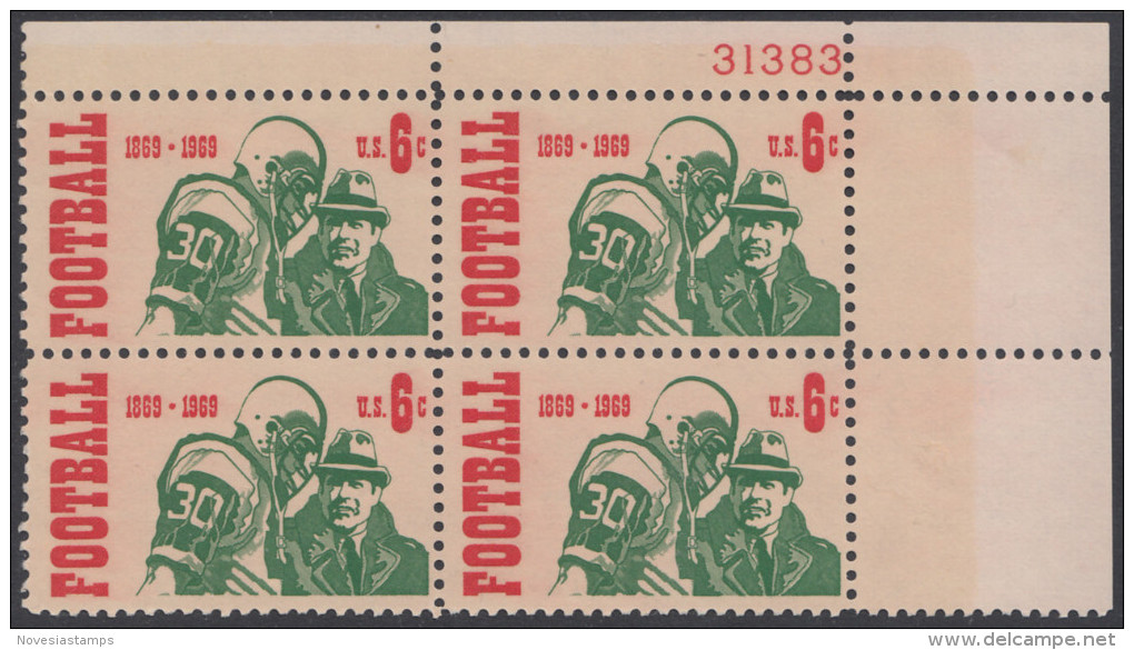 !a! USA Sc# 1382 MNH PLATEBLOCK (UR/31383) (Gum Slightly Damaged) - Intercollegiate Football - Unused Stamps