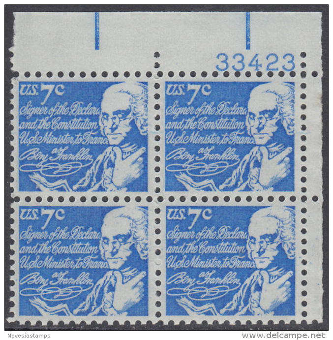 !a! USA Sc# 1393D MNH PLATEBLOCK (UR/33423) - Benjamin Franklin - Ongebruikt