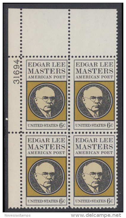 !a! USA Sc# 1405 MNH PLATEBLOCK (UL/31694) - Edgar Lee Masters - Unused Stamps