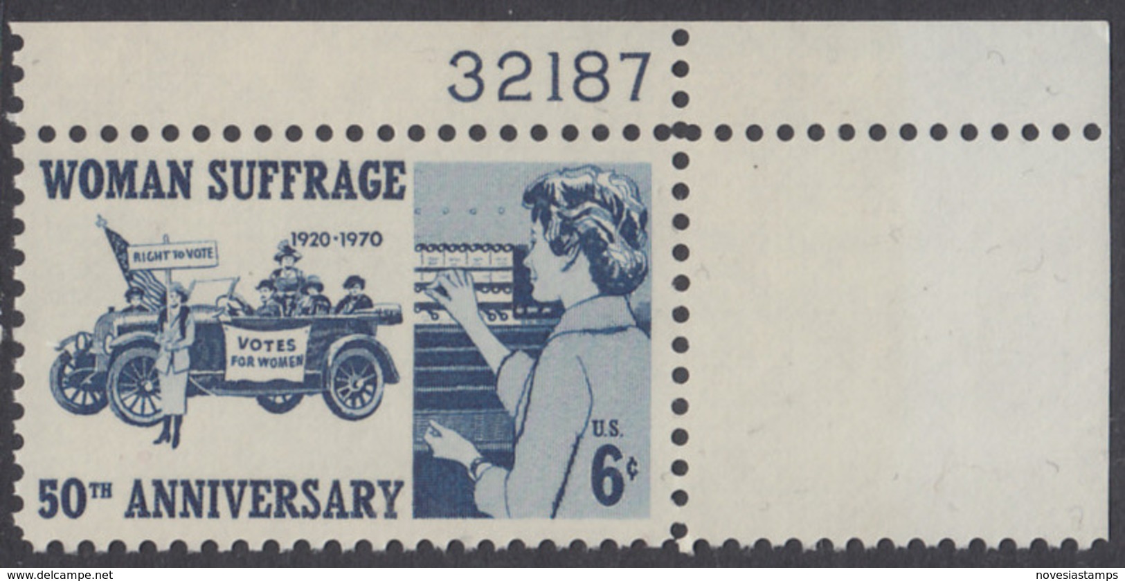 !a! USA Sc# 1406 MNH SINGLE From Upper Right Corner W/ Plate-# 32187 - Woman Suffrage - Nuovi