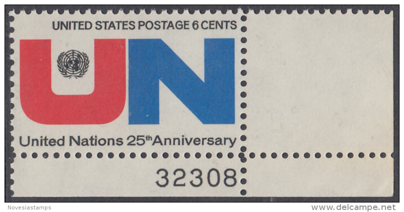 !a! USA Sc# 1419 MNH SINGLE From Lower Right Corner W/ Plate-# 32308 - The United Nations; 25th Anniv. - Unused Stamps