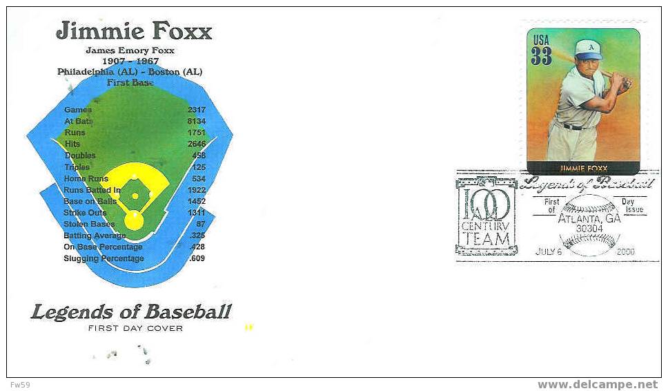 BASE BALL FDC USA 2000 LEGENDES DU BASE BALL MODELE 3 JIMMIE FOXX - Base-Ball