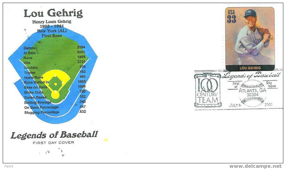 BASE BALL FDC USA 2000 LEGENDES DU BASE BALL MODELE 8 LOU GEHRIG - Béisbol