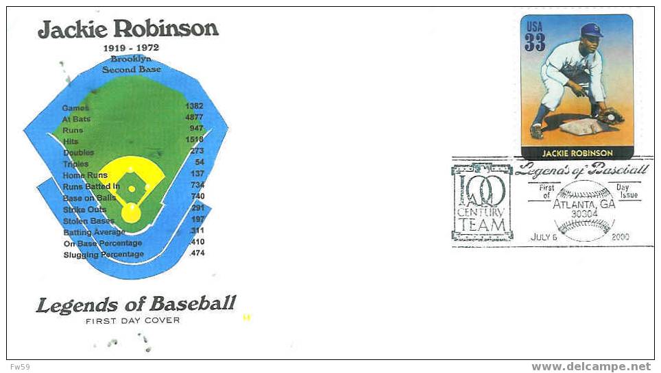 BASE BALL FDC USA 2000 LEGENDES DU BASE BALL MODELE 9 JACKIE ROBINSON - Honkbal