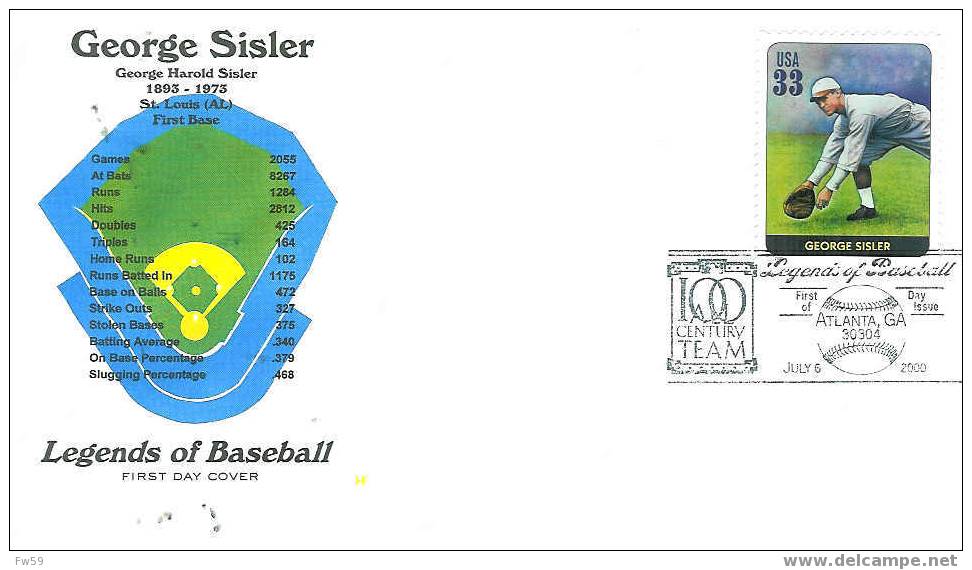 BASE BALL FDC USA 2000 LEGENDES DU BASE BALL MODELE 13 GEORGE SISLER - Béisbol