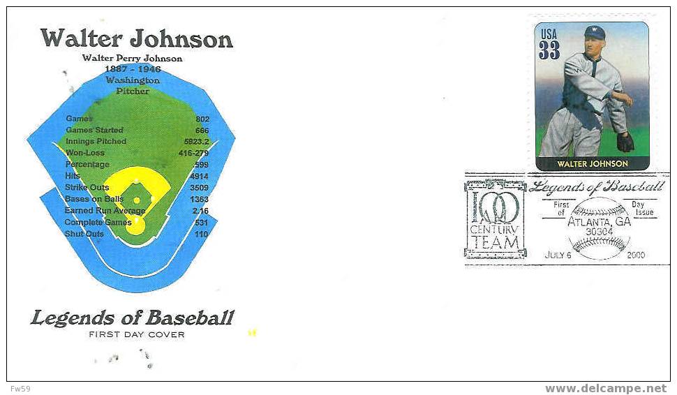 BASE BALL FDC USA 2000 LEGENDES DU BASE BALL MODELE 15 WALTER JOHNSON - Béisbol