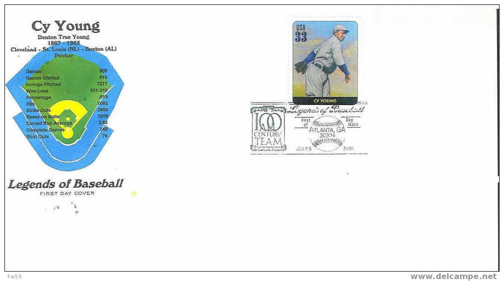 BASE BALL FDC USA 2000 LEGENDES DU BASE BALL MODELE 17 CY YOUNG - Base-Ball