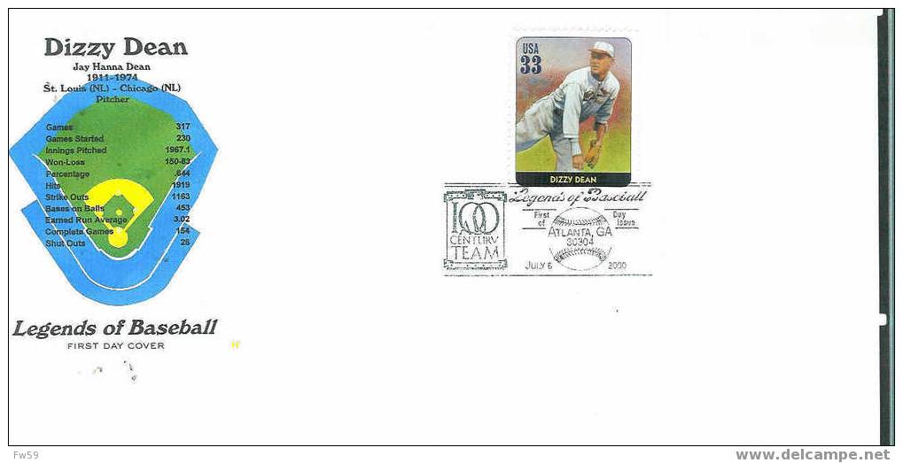 BASE BALL FDC USA 2000 LEGENDES DU BASE BALL MODELE 18 DIZZY DEAN - Honkbal