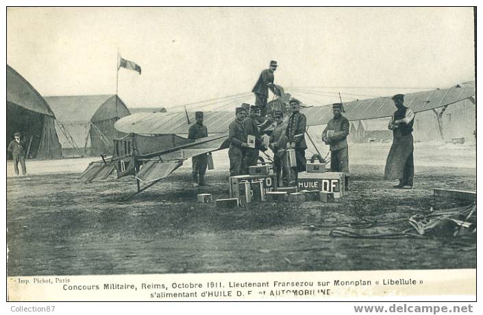 51 - REIMS - CONCOURS MILITAIRE D'AVIATION En 1911 - AVION De L´AVIATEUR FRANSEZOU "LIBELLULE" - HUILE AUTOMOBILIN - Meetings