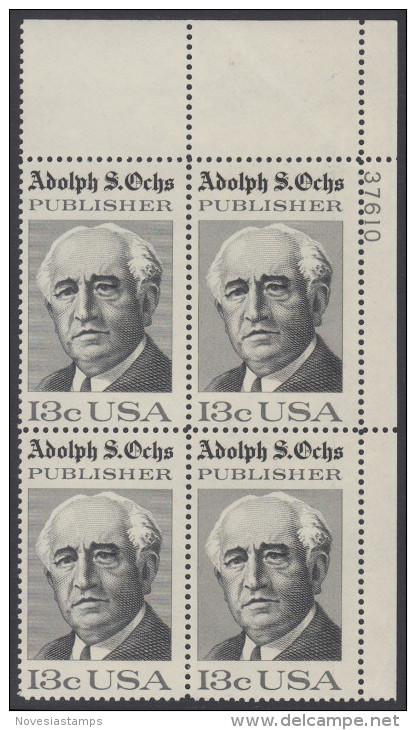 !a! USA Sc# 1700 MNH PLATEBLOCK (UR/37610) - Adolph S. Ochs - Unused Stamps