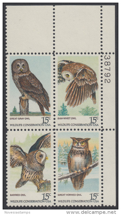 !a! USA Sc# 1760-1763 MNH PLATEBLOCK (UR/38792) - American Owls - Nuovi