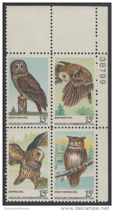 !a! USA Sc# 1760-1763 MNH PLATEBLOCK (UR/38799) (Gum Damaged) - American Owls - Ungebraucht