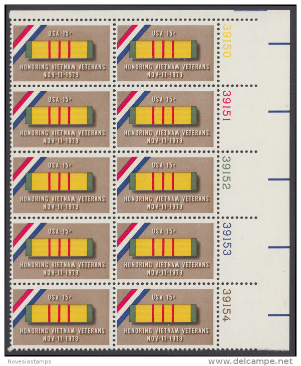 !a! USA Sc# 1802 MNH PLATEBLOCK(10) (UR/39150) - Vietnam Veterans - Neufs