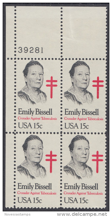 !a! USA Sc# 1823 MNH PLATEBLOCK (UL/39281) (Gum Damaged) - Emily Bissell - Nuevos