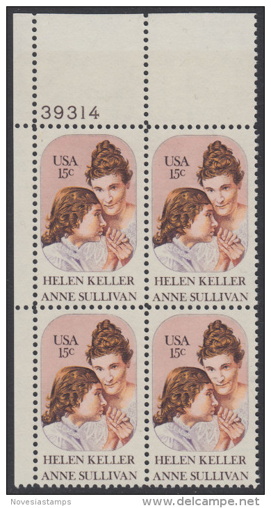 !a! USA Sc# 1824 MNH PLATEBLOCK (UL/39314) - Helen Keller - Unused Stamps