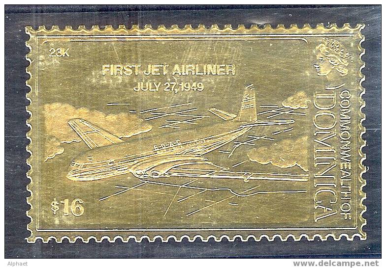 GOLD FOIL "FIRST JET AIRLINER",	JULY 27, 1949 - Dominica (1978-...)