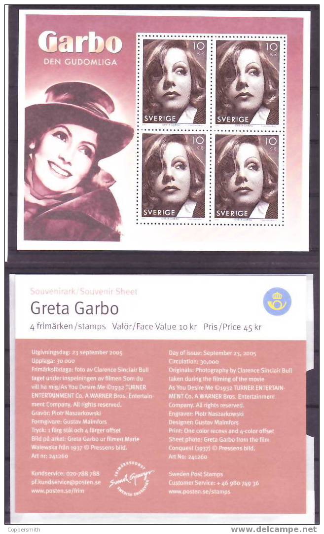 (2574) Sweden / Suede  Greta Garbo Sheet / Bf / Bloc  ** / Mnh  Much Wanted / Rare - Ungebraucht