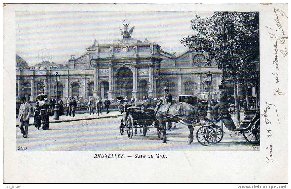 BEL BRUXELLES BRUSSEL Gare Du Midi, Animée, Calèches, Beau Plan, Ed VED 260, 1905, Dos 1900 - Chemins De Fer, Gares