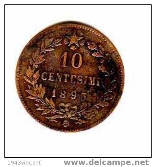 M 102 - 10 CENTESIMI 1893 B/I UMBERTO I ITALIE - - 1878-1900 : Umberto I