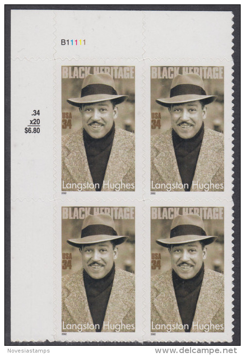 !a! USA Sc# 3557 MNH PLATEBLOCK (UL/B11111) - Black Heritage: Langston Hughes - Nuovi