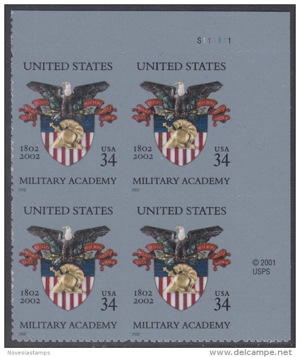 !a! USA Sc# 3560 MNH PLATEBLOCK (UR/S111111) - Military Academy - Nuovi