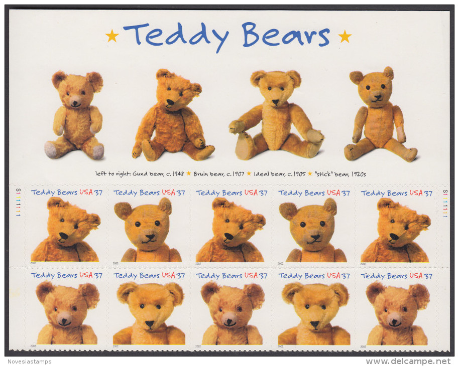 !a! USA Sc# 3656 MNH PLATEBLOCK(10) (UL/S1111111) W/Top-Label - Teddybears - Neufs