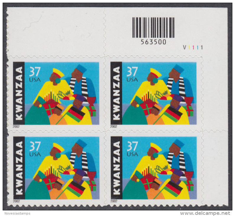!a! USA Sc# 3673 MNH PLATEBLOCK (UR/V1111) - Kwanzaa - Unused Stamps