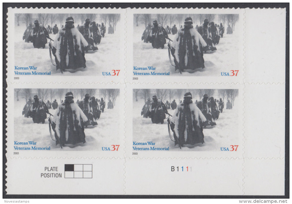 !a! USA Sc# 3803 MNH PLATEBLOCK (LR/B1111) (a01) - Korean War Veteran Memorial - Unused Stamps