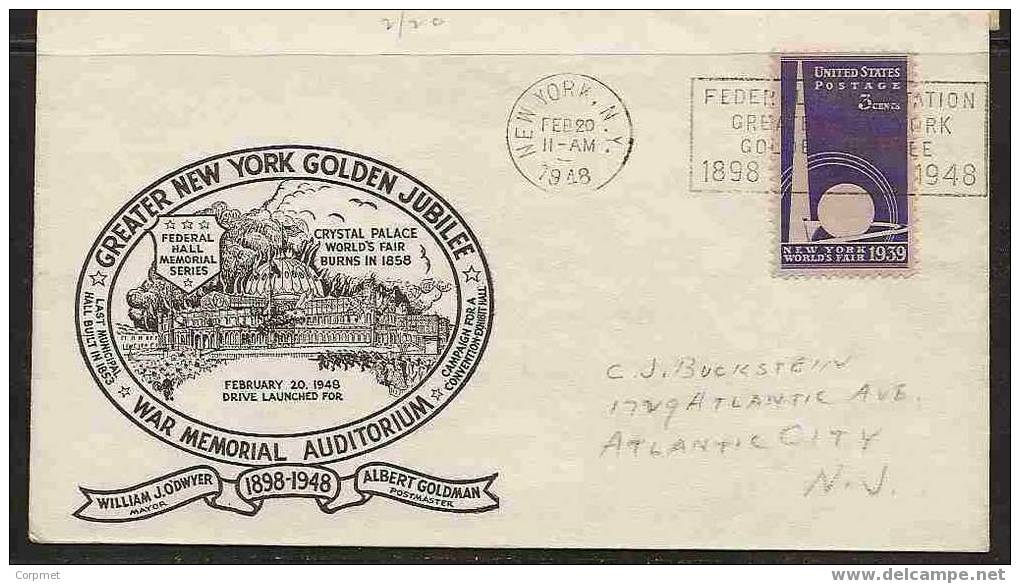 US - GREATER NEW YORK GOLDEN JUBILEE - WAR MEMORIAL AUDITORIUM COMM 1948 CACHETED COVER - Us Independence