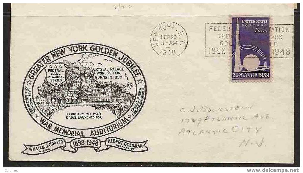 US - GREATER NEW YORK GOLDEN JUBILEE - WAR MEMORIAL AUDITORIUM COMM 1948 CACHETED COVER - Onafhankelijkheid USA