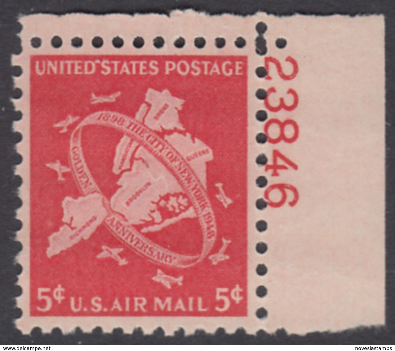 !a! USA Sc# C038 MNH SINGLE From Upper Right Corner W/ Plate-# (UR/23846) - New York City - 2b. 1941-1960 Unused