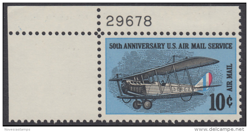 !a! USA Sc# C074 MLH SINGLE From Upper Left Corner W/ Plate-# (UL/29678) - 50th Anniv. Air Mail Service - 3b. 1961-... Nuevos