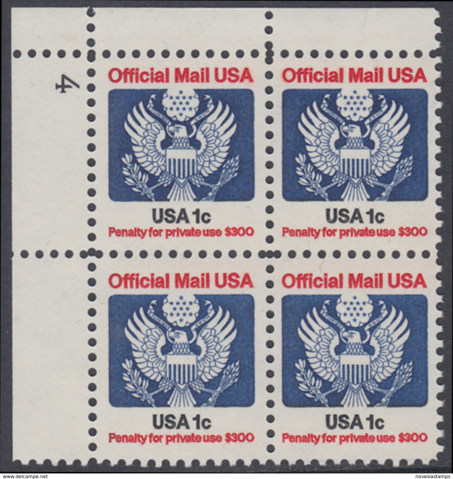 !a! USA Sc# O127 MNH PLATEBLOCK (UL/4) - Great Seal - Oficial