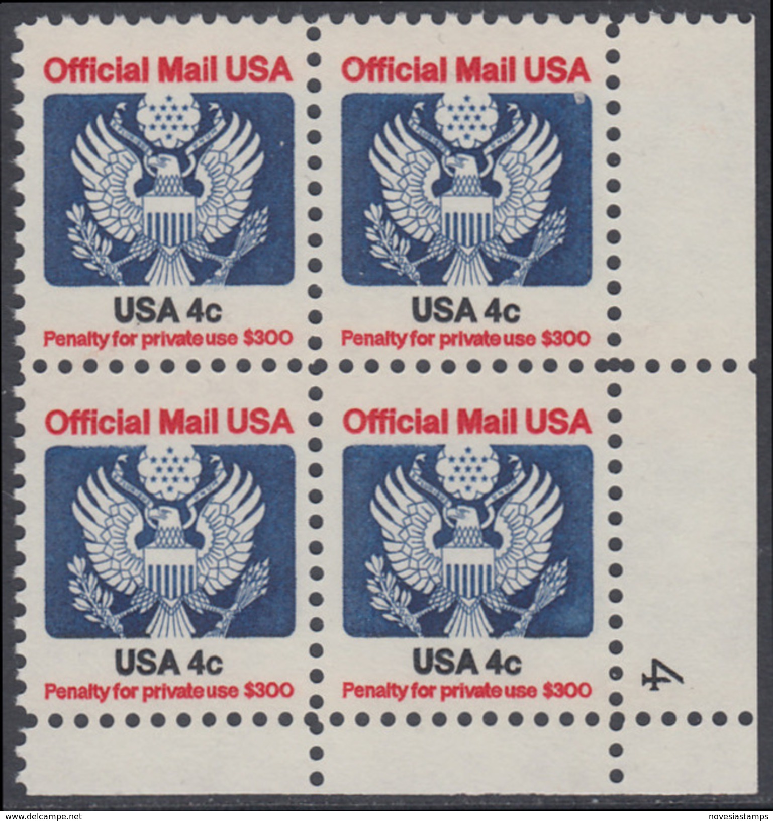 !a! USA Sc# O128 MNH PLATEBLOCK (LR/4) - Great Seal - Servizio