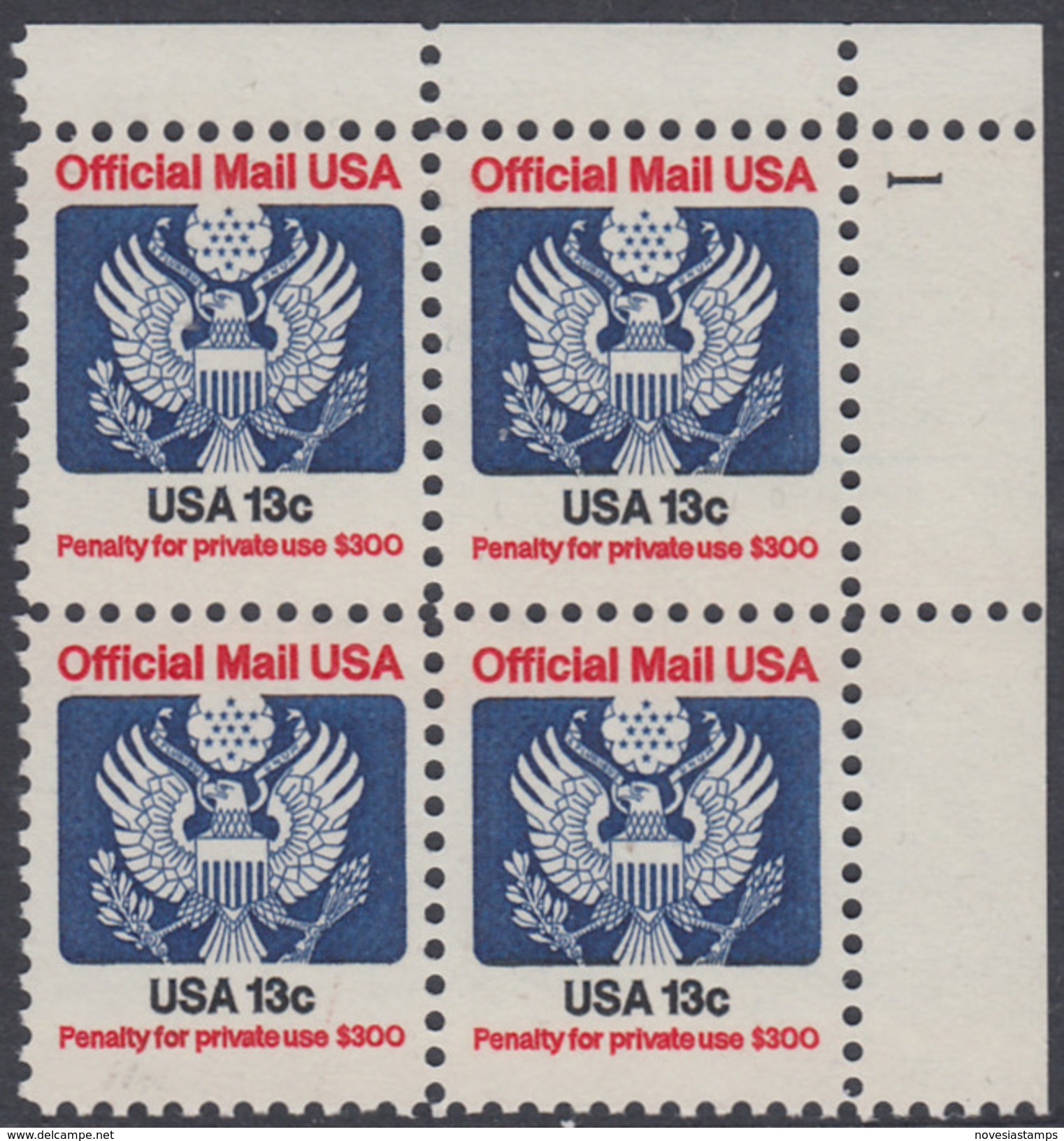 !a! USA Sc# O129 MNH PLATEBLOCK (UR/1) - Great Seal - Dienstzegels