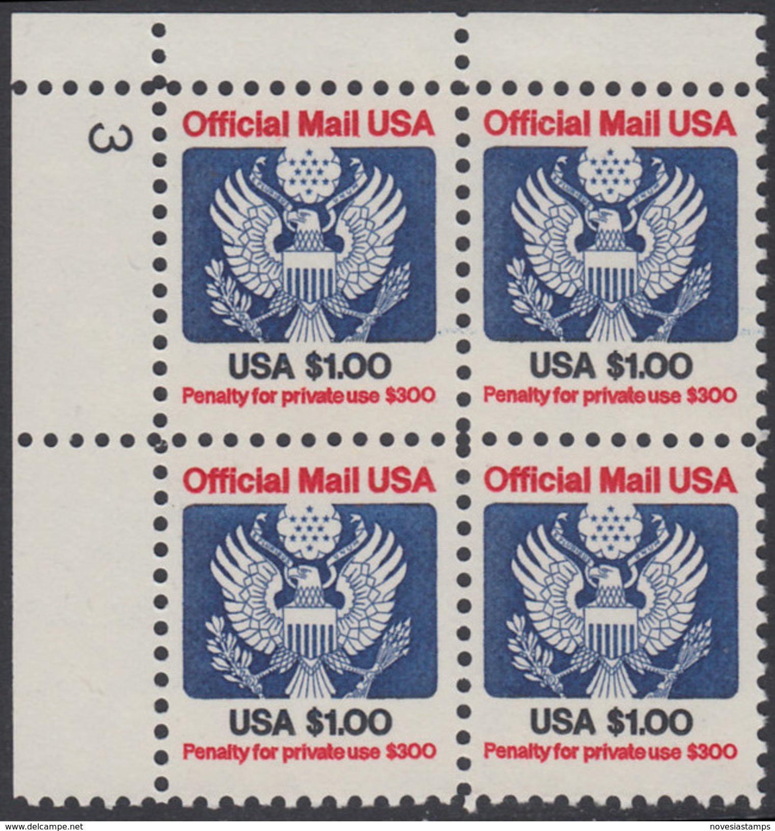 !a! USA Sc# O132 MNH PLATEBLOCK (UL/3) - Great Seal - Dienstmarken