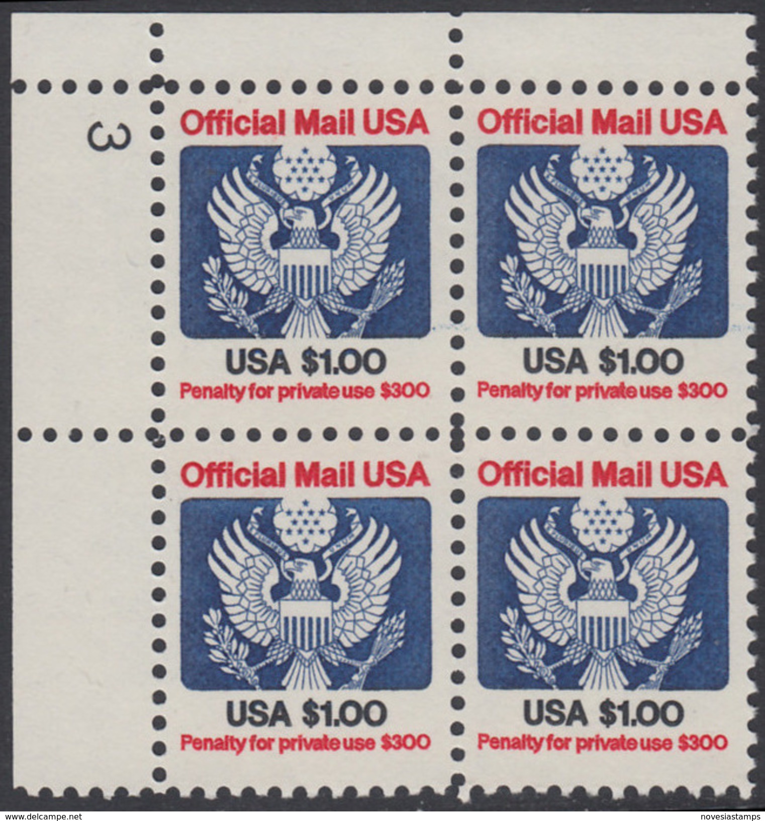 !a! USA Sc# O132 MNH PLATEBLOCK (UL/3) - Great Seal - Officials